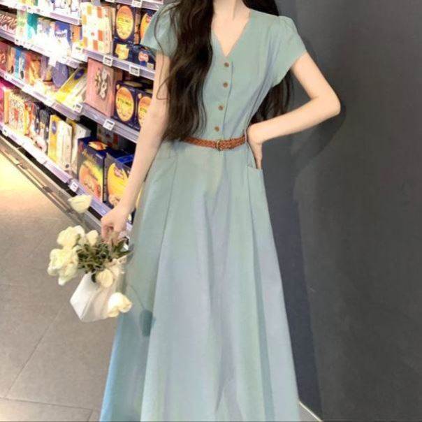 大码连衣裙子长裙感女装夏季新品显瘦通勤气质收腰领连衣裙蓝绿色