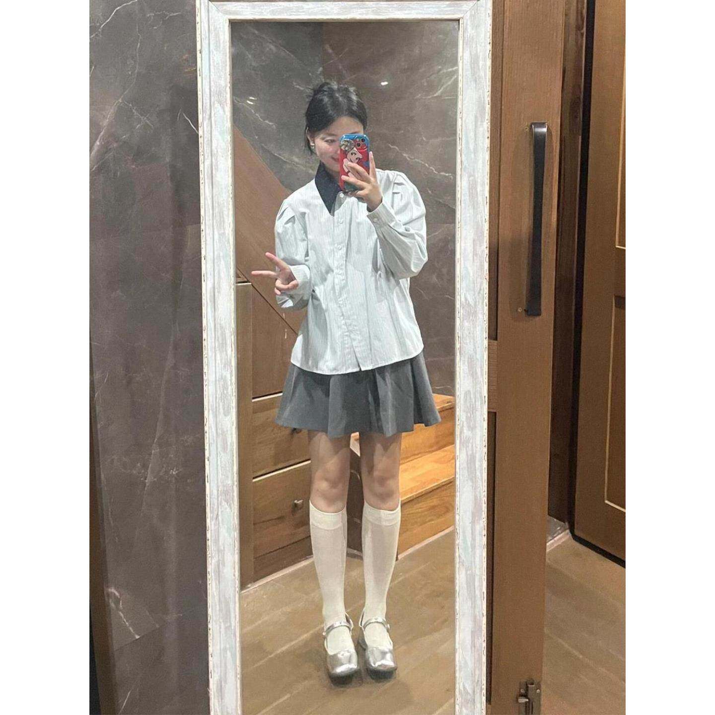 法式复古显瘦百搭条纹衬衫女夏季小个子短款长袖气质通勤内搭衬衣