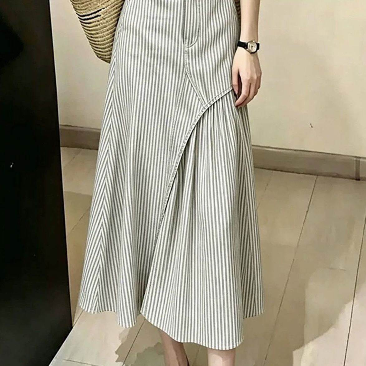 复古条纹半身女夏季高腰遮胯显瘦大摆a字中长款宽松休闲裙子