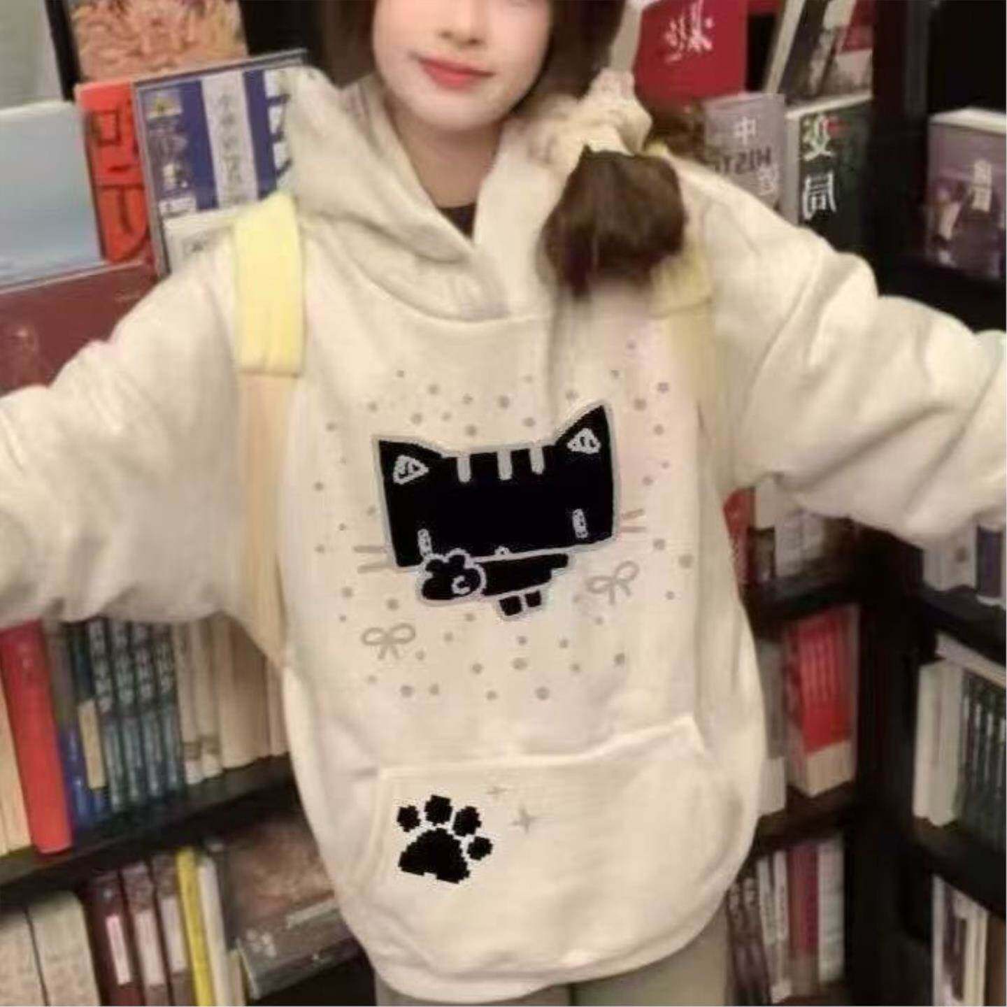 秋冬季新款可爱猫咪印花连帽加绒加厚卫衣韩系初高中学生宽松外套