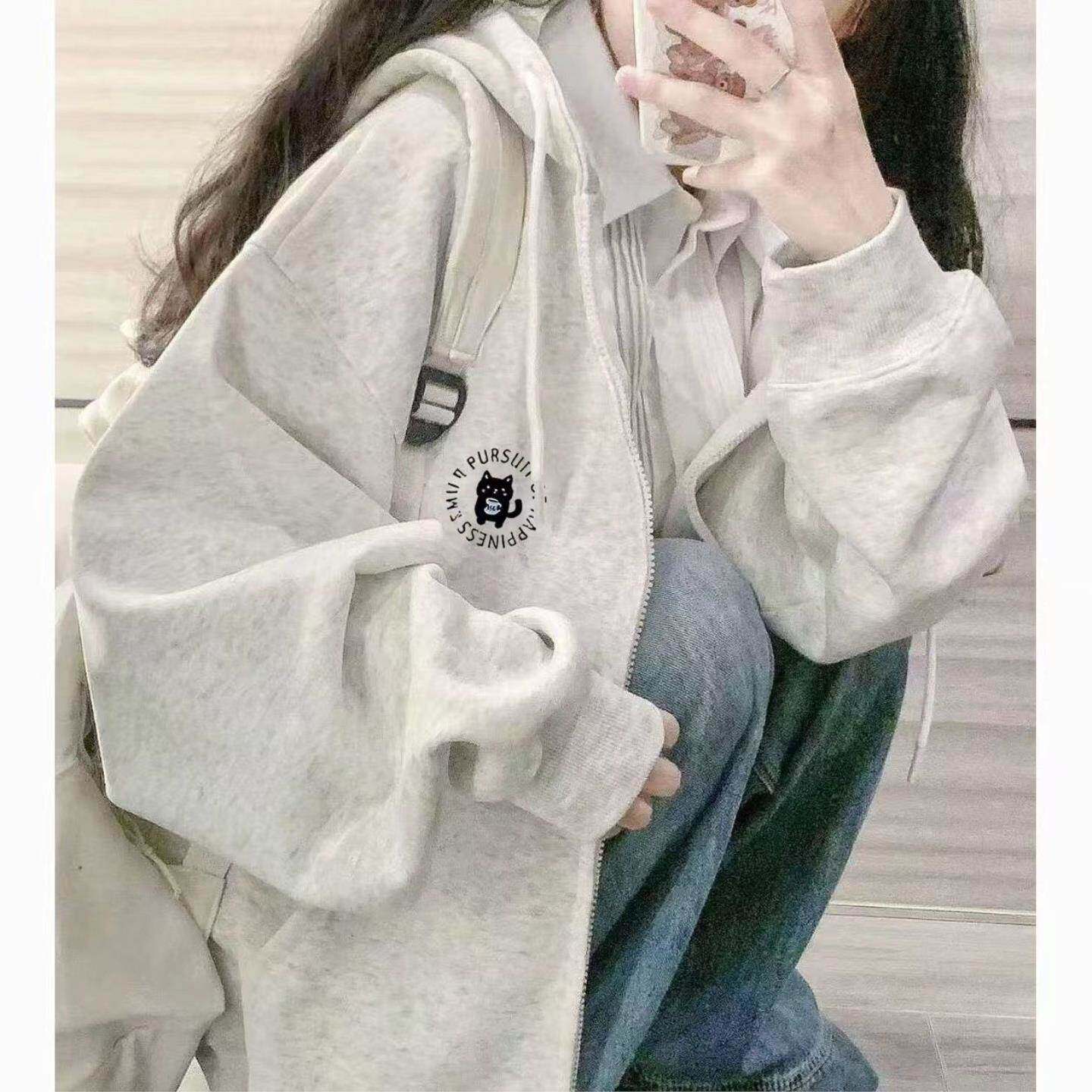 小众ins风小黑猫印花外套女学生宽松拉链连帽卫衣薄款百搭上衣