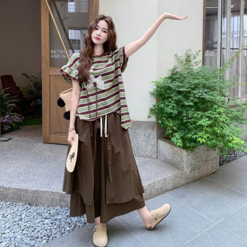 大码高级感不规则衬衫套装裙女夏胖MM高腰显瘦阔腿裤两件套