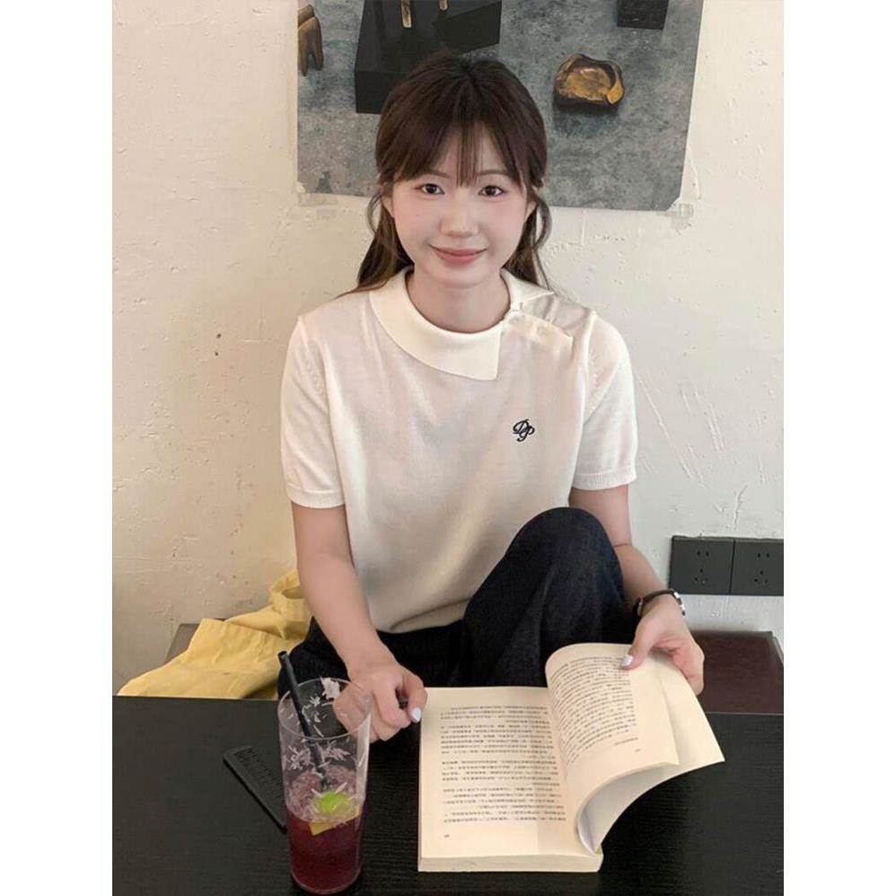 学院风polo领短袖女夏季刺绣针织白色t恤宽松显瘦休闲高知感上衣