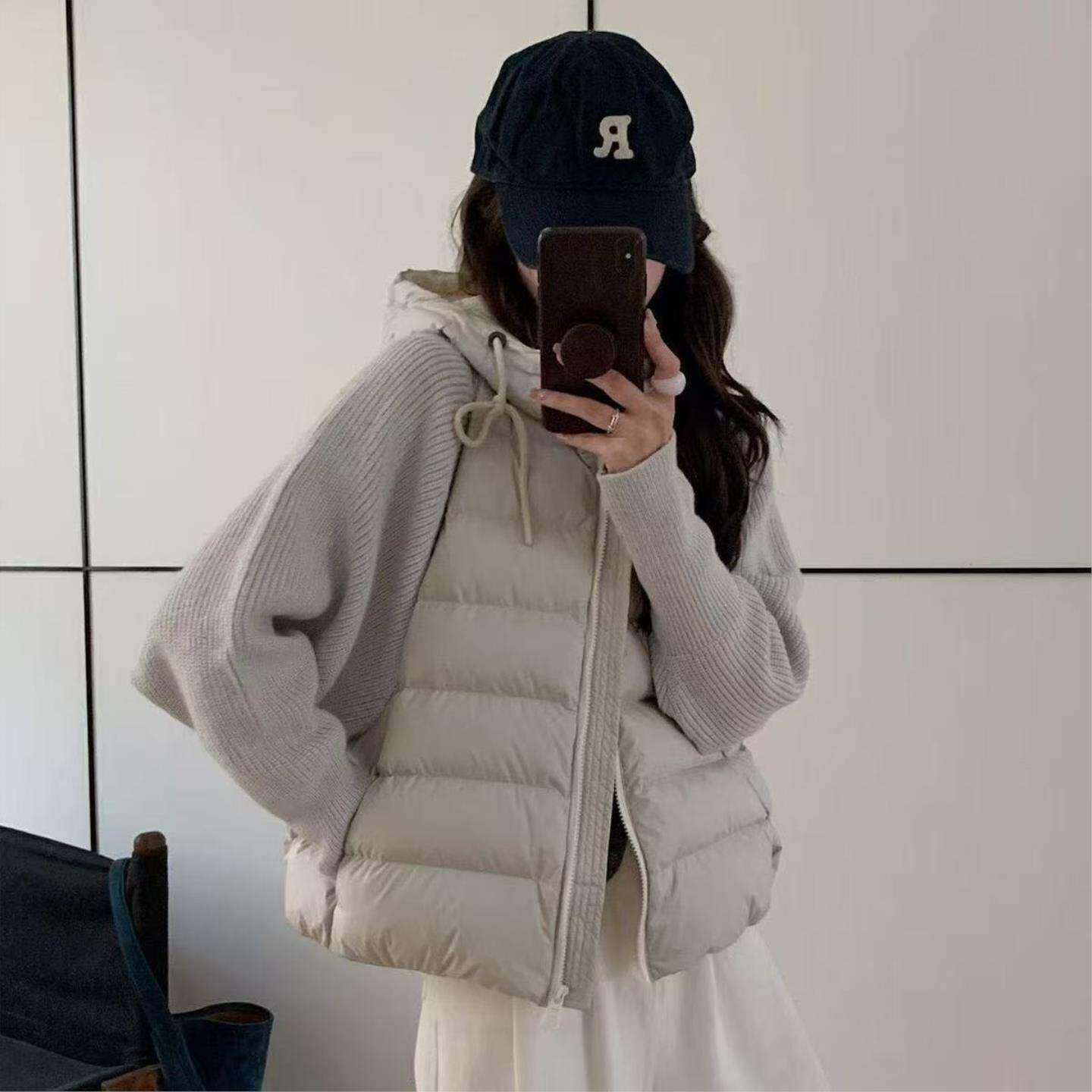针织拼接棉服加厚常规款2026连帽秋季显瘦棉衣新款外套
