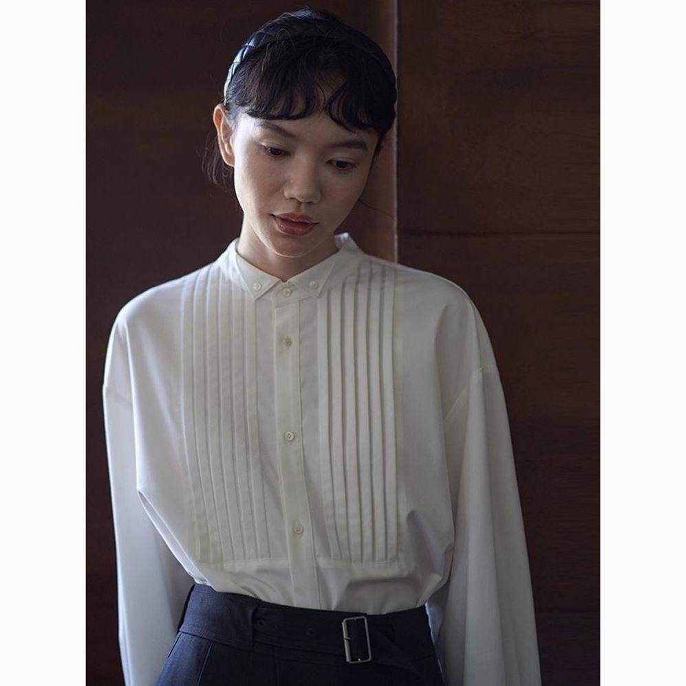 复古回潮小翻领显瘦通勤白色衬衫女春秋内搭叠穿衬衣法式压褶上衣