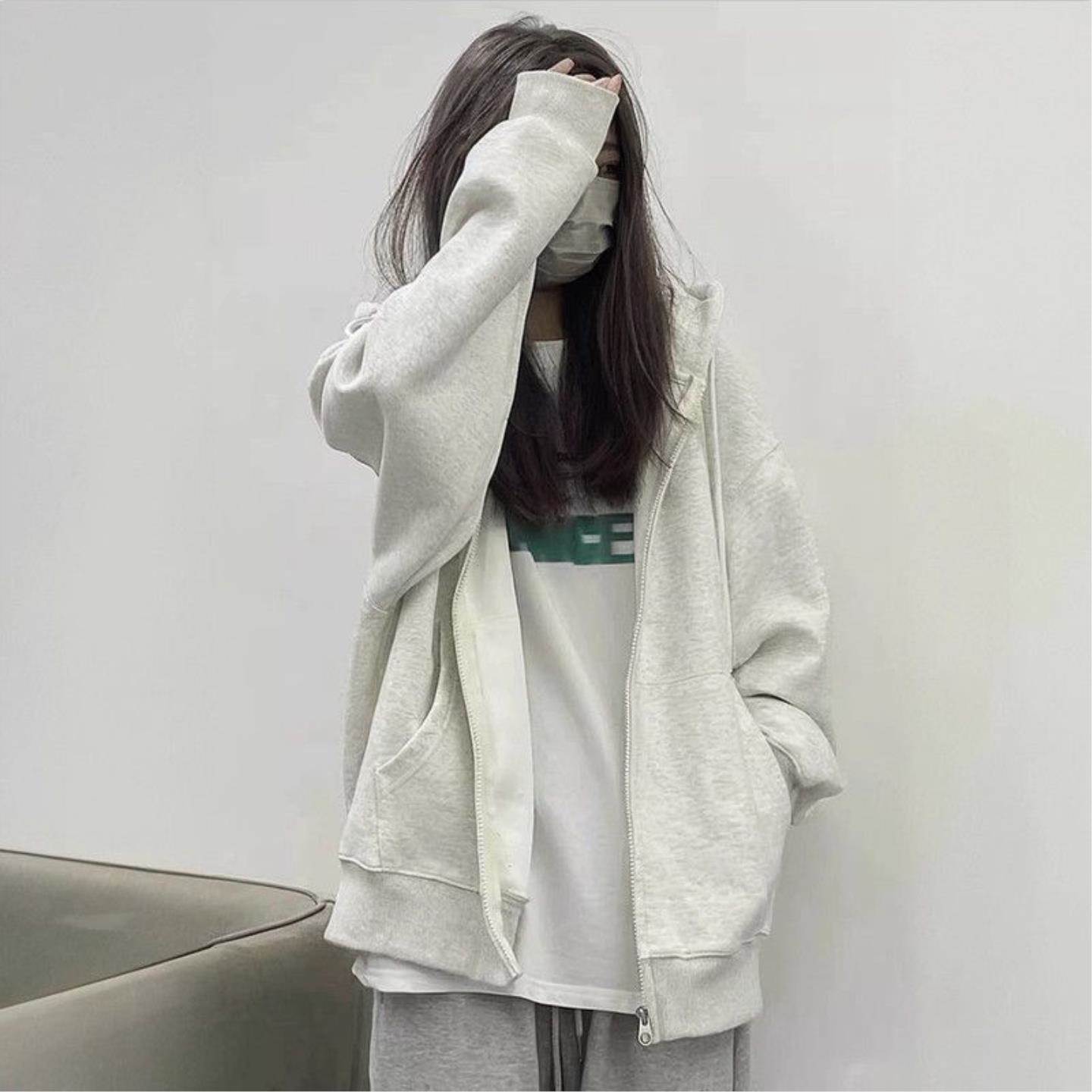 外套女宽松2026新款藏青色春秋赵露思同款开衫拉链连帽中学生上衣