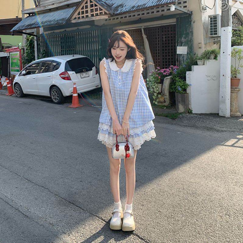 日系甜美清新学院风格子花边背心拼接连衣裙小个子无袖蓝色格纹裙