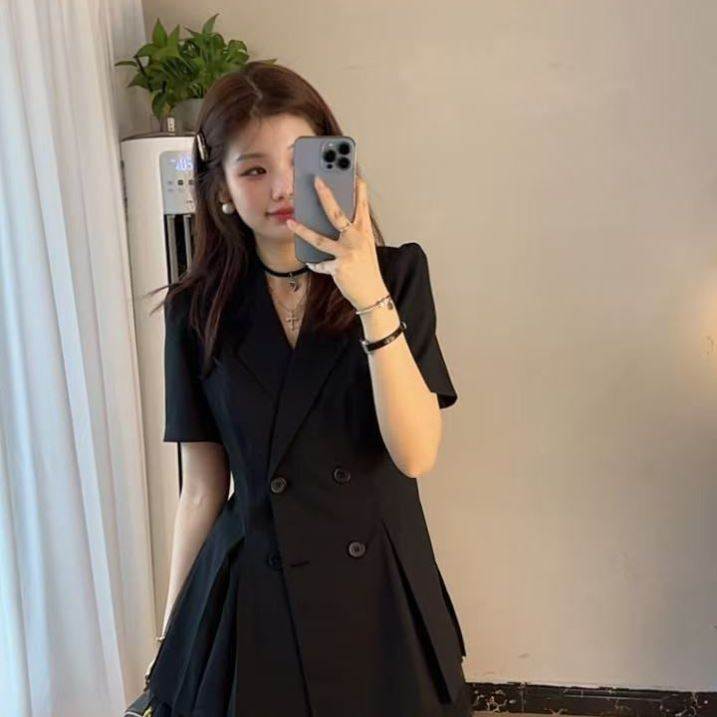 时尚西装外套女2026夏季收腰显瘦开叉泡泡袖西服蓬蓬短裙两件套