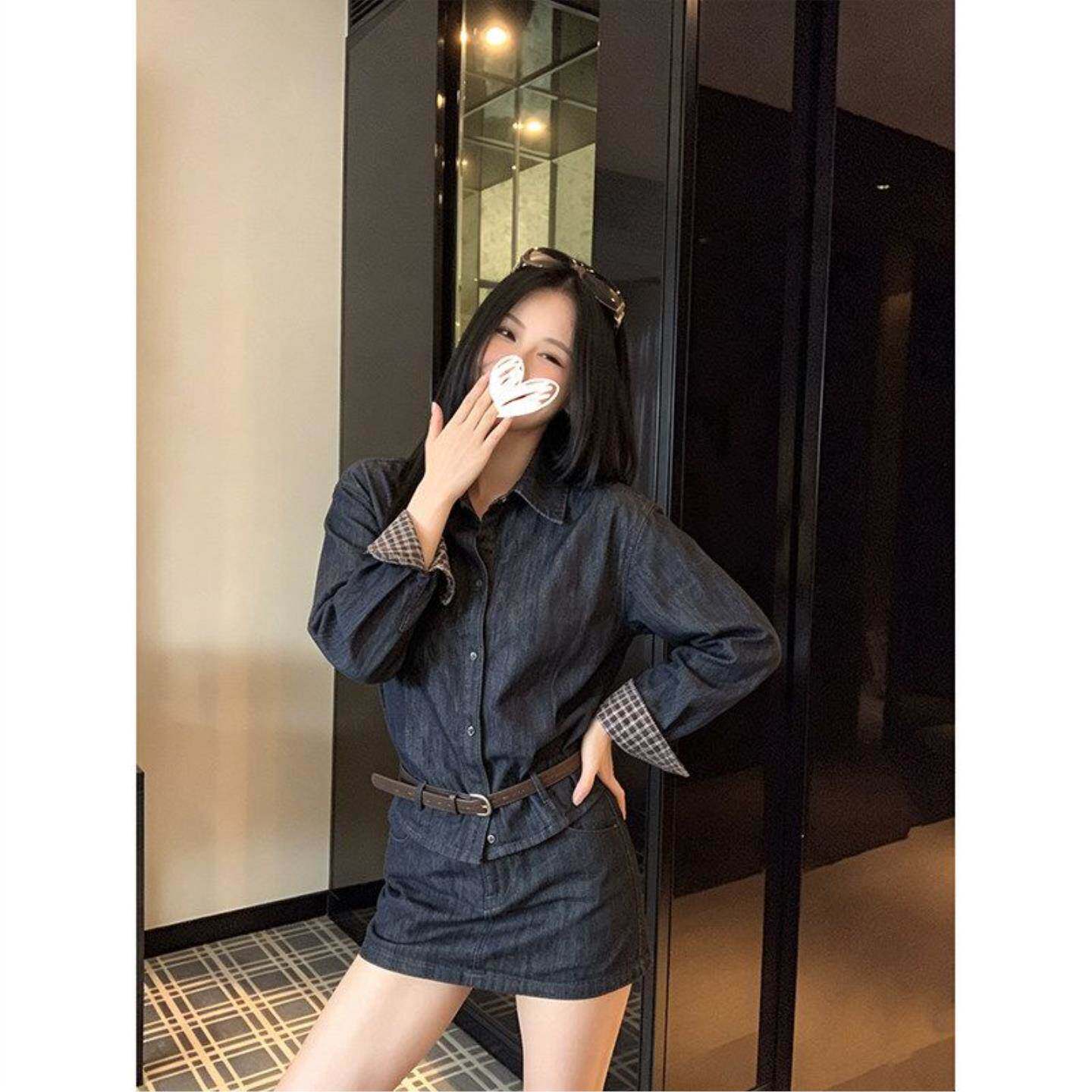 松弛感复古风套装女早秋爆款长袖牛仔翻领衬衫高腰短裙时尚两件套