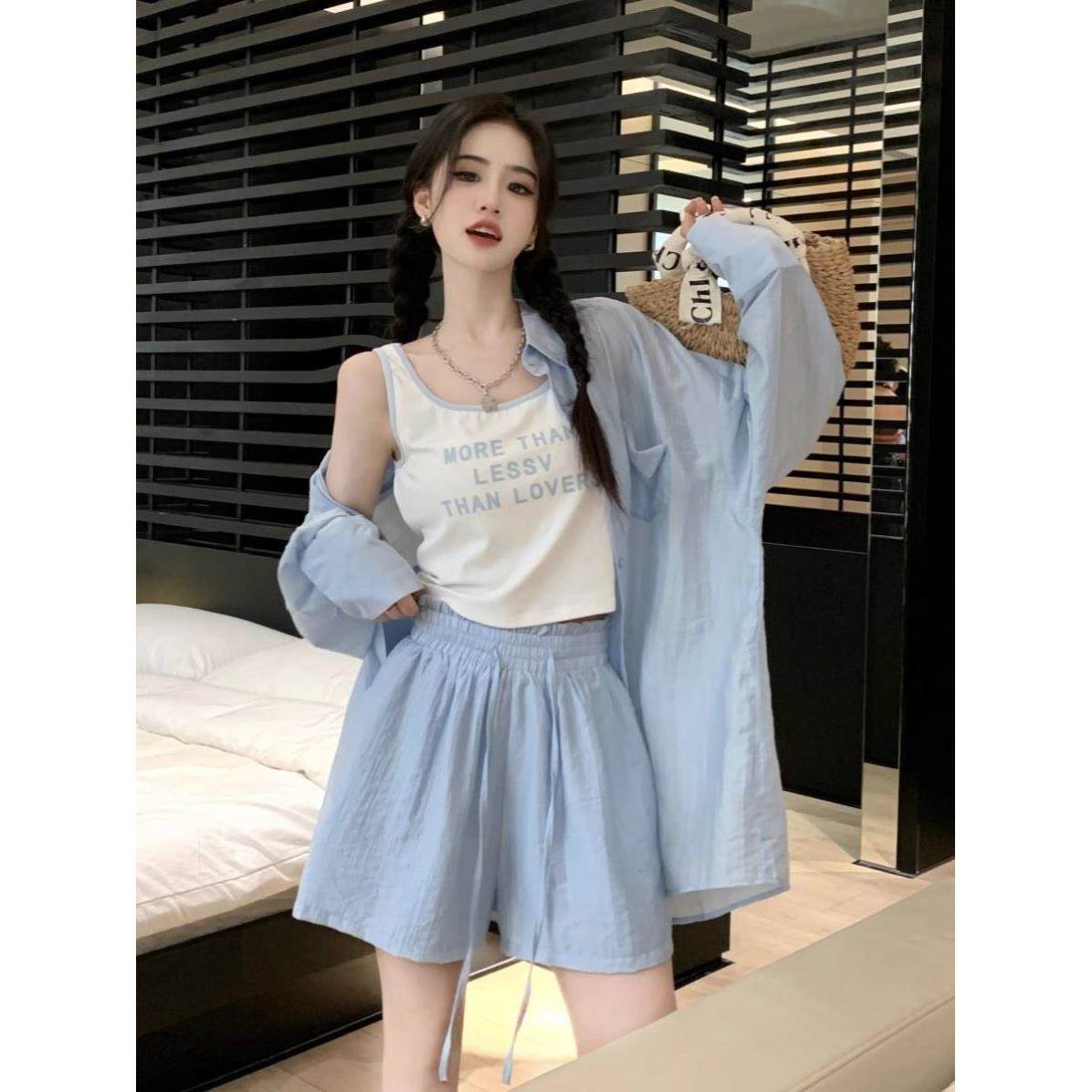 运动风防晒衬衫搭配背心短裤三件套女胖mm大码夏季休闲套装300斤