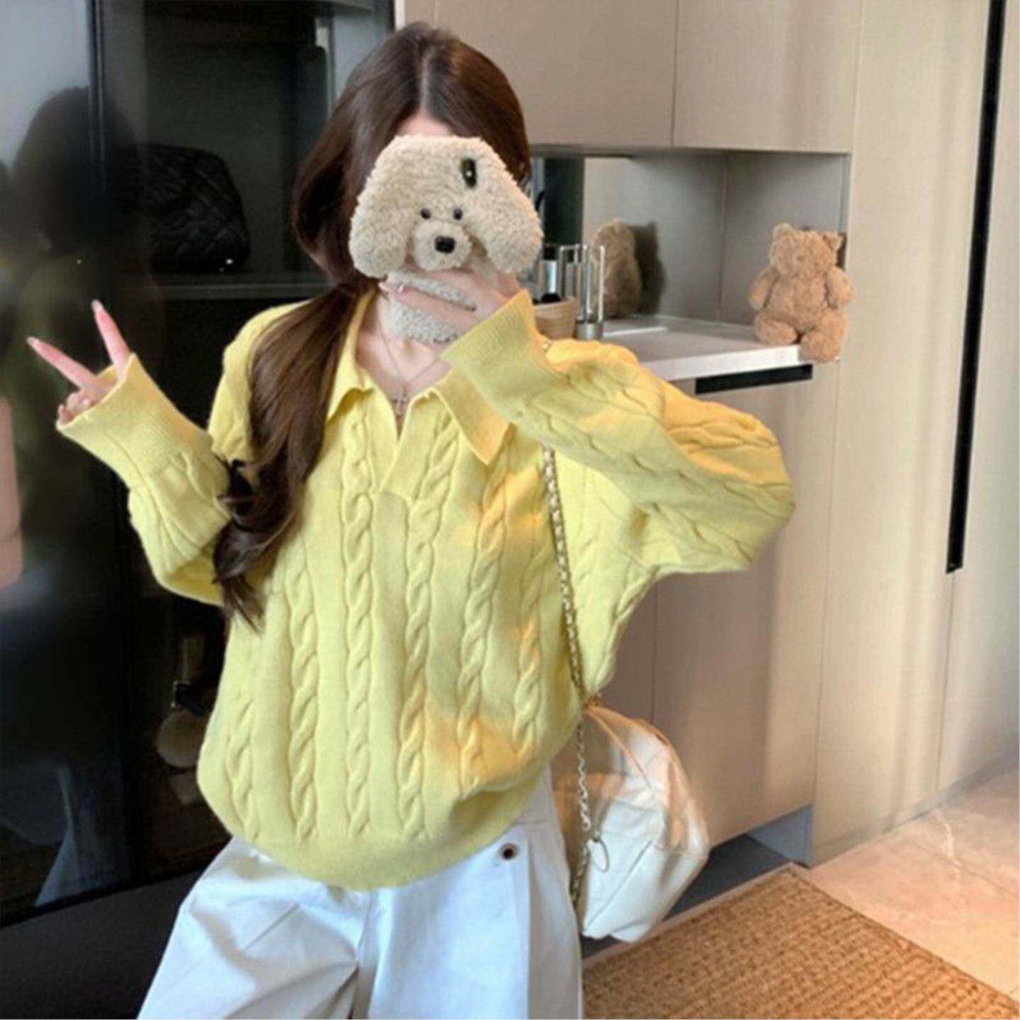 韩系白色polo领麻花毛衣女秋季小个子松弛感长袖针织内搭上衣