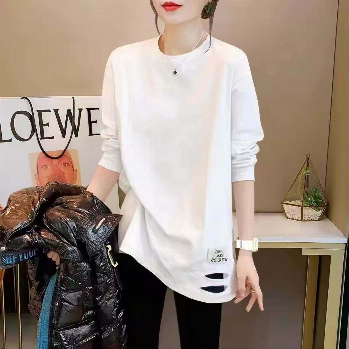 中长款宽松打底衫女洋气白色百搭长袖T恤配鲨鱼裤遮屁股上衣