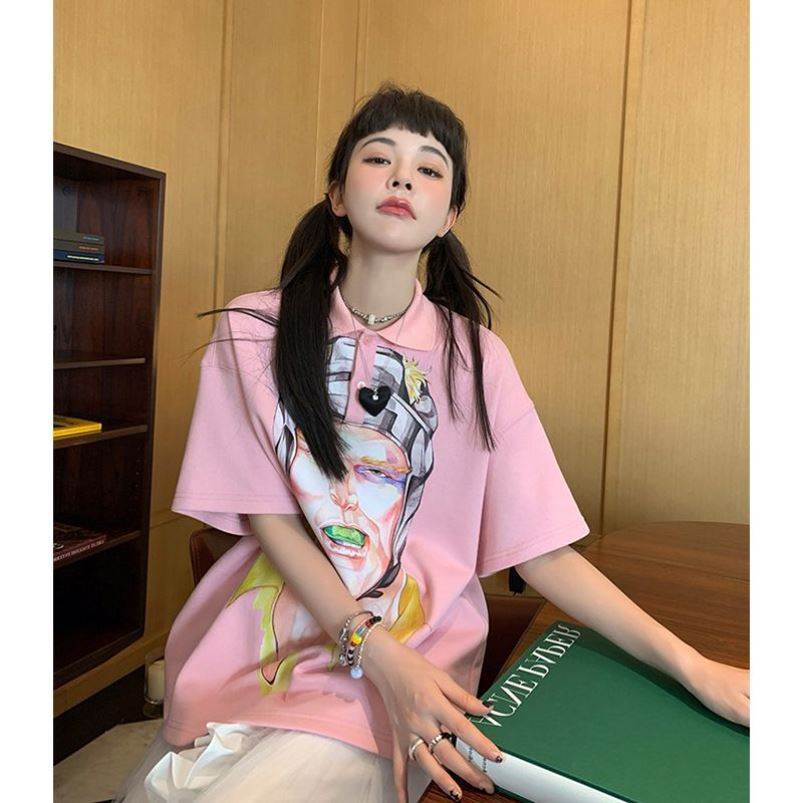 粉色polo领短袖t恤女2026夏季新款欧货大版宽松中长款半袖上衣