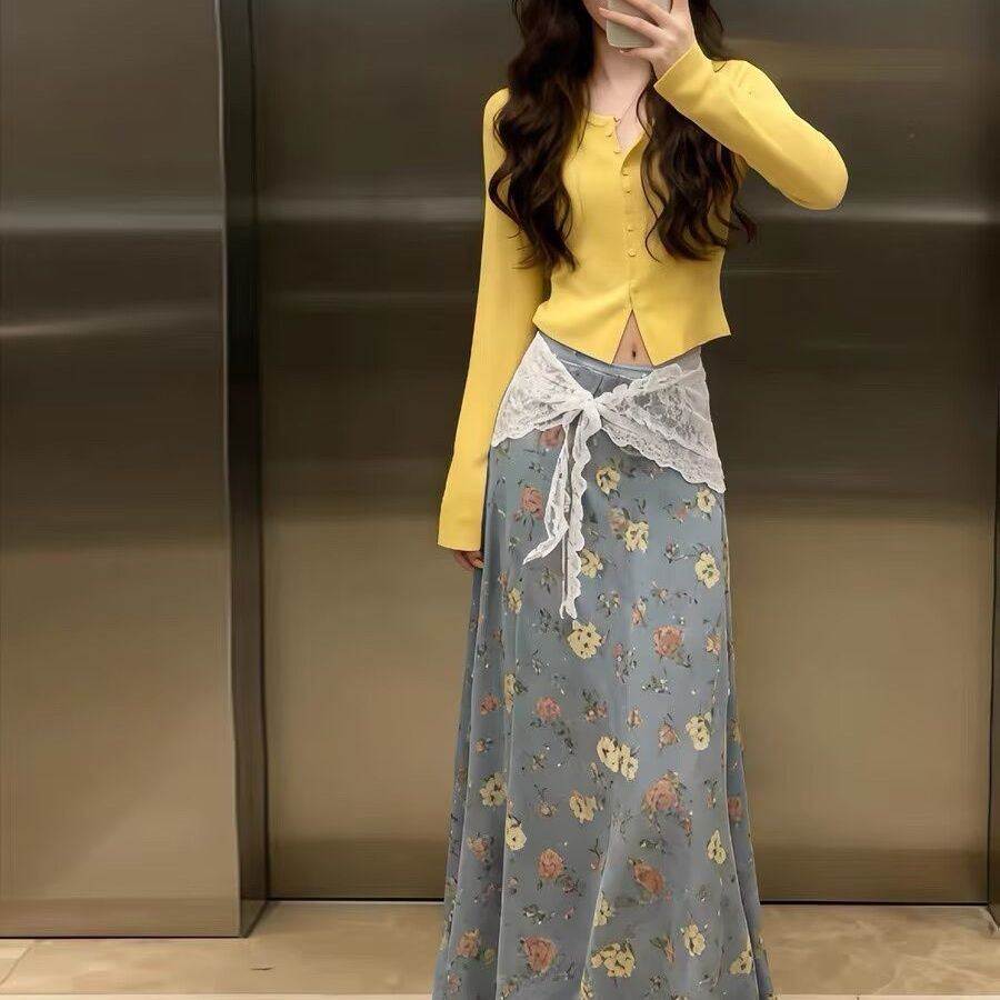 一整套ootd穿搭韩系小个子黄色针织开衫蓝色印花半身裙套装女春季