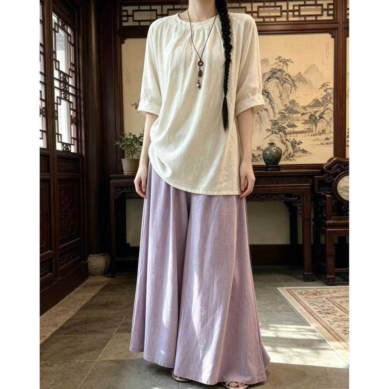 新中式女装宽松棉麻套装茶服文艺慵懒风汉服日常百搭两件套
