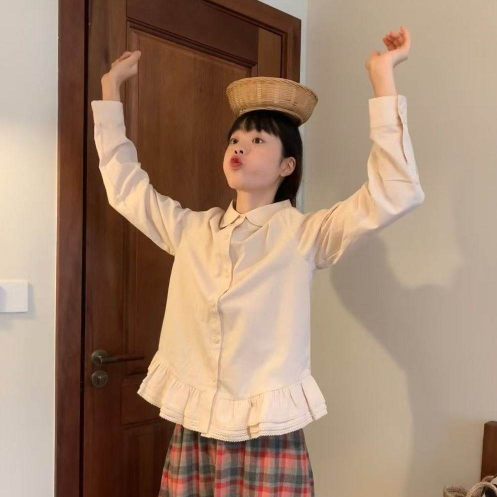 日系甜美三层蕾丝荷叶边衬衫女长袖文艺复古软妹减龄学院百搭上衣