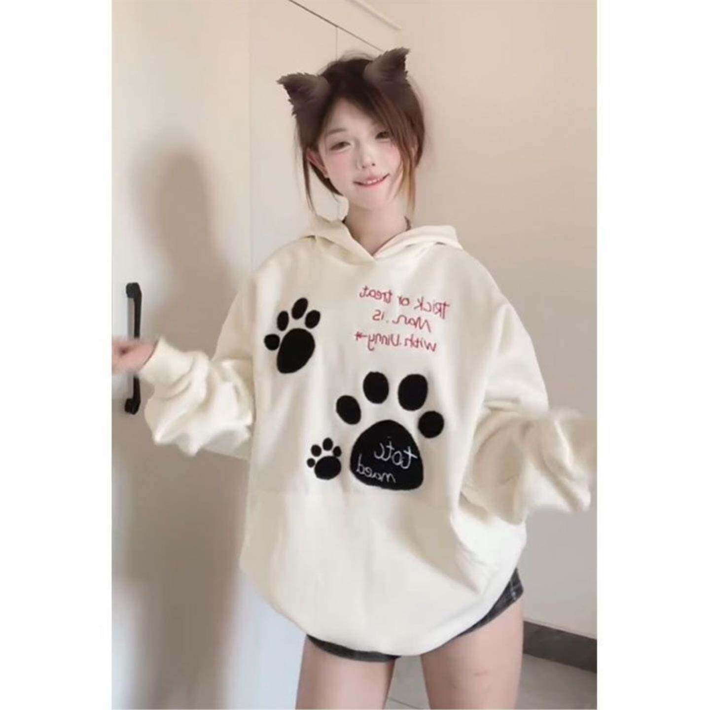 美式连帽卫衣女学生oversize宽松设计感趣味小狗爪印花秋冬款外套