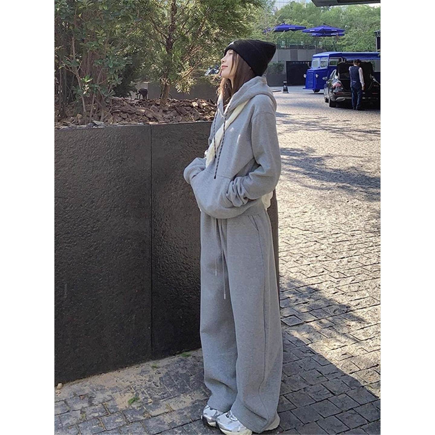 运动套装灰色加绒连帽卫衣外套上衣女秋冬高腰阔腿裤休闲裤两件套