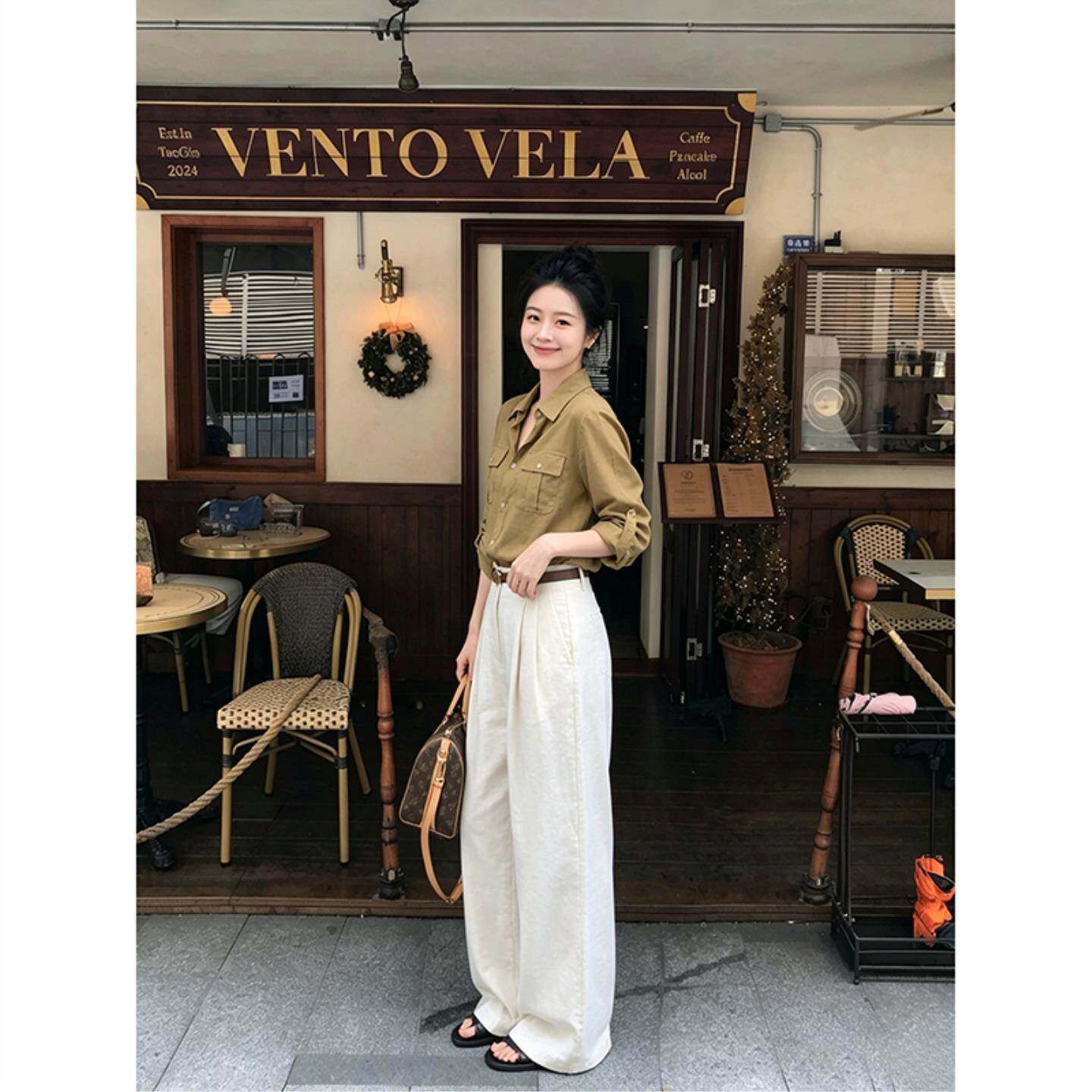 气质百搭长袖polo领宽松衬衫女夏季休闲显瘦阔腿长裤老钱风两件套