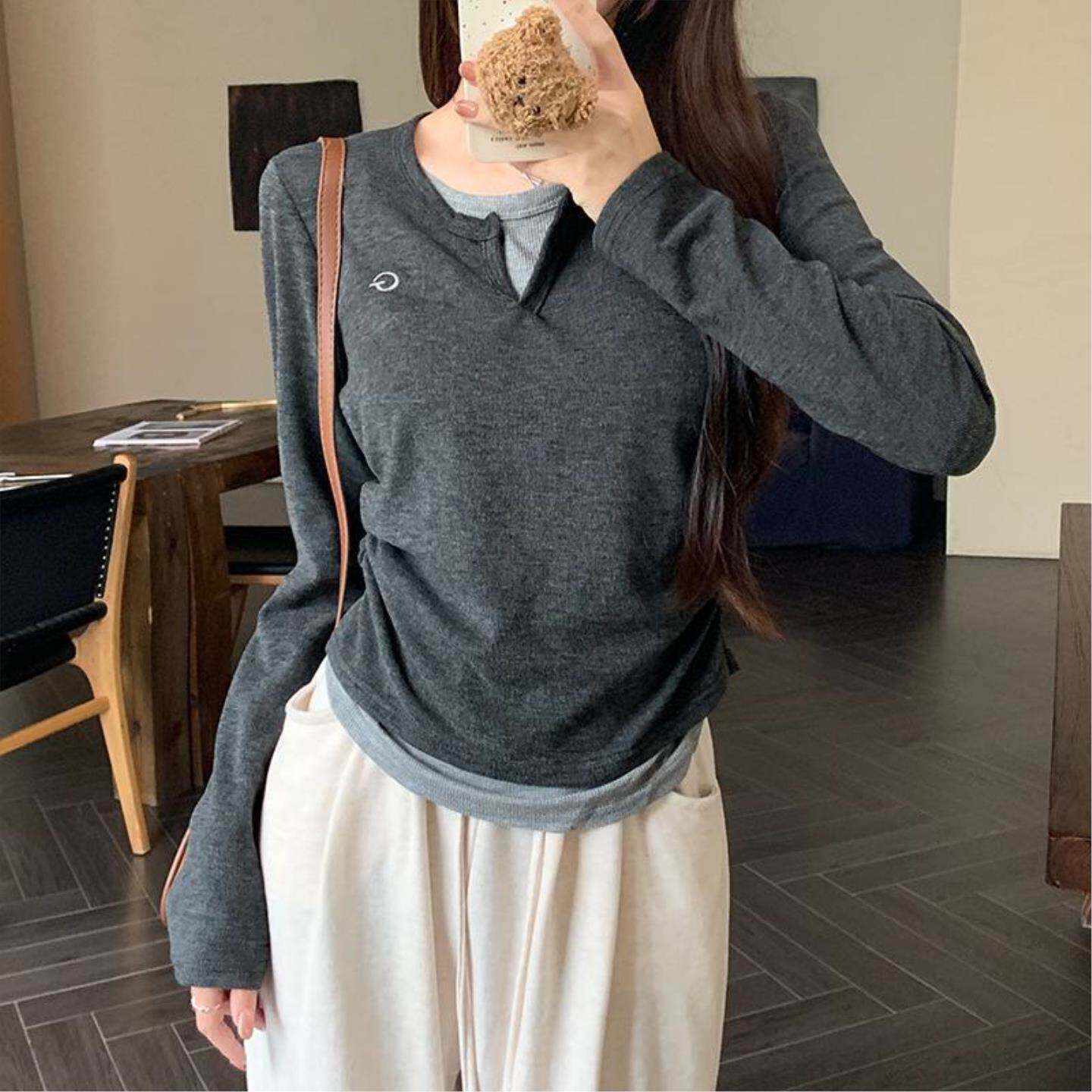 美式高级感时尚修身T恤女假两件德绒保暖小众洋气正肩上衣长袖T恤