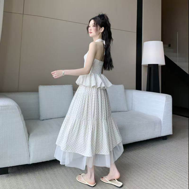 夏季新款法式波点绑带显瘦遮肉时尚气质减龄上衣网纱裙子套装女
