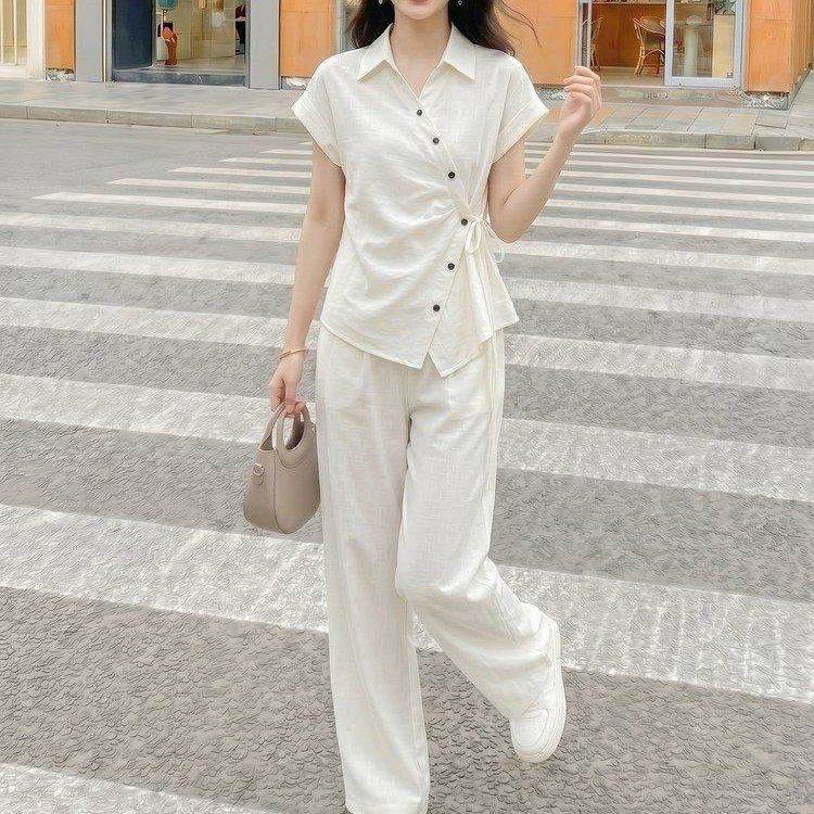 优雅简约白色套装中老年大码女装夏季短袖上衣阔腿裤两件套舒适