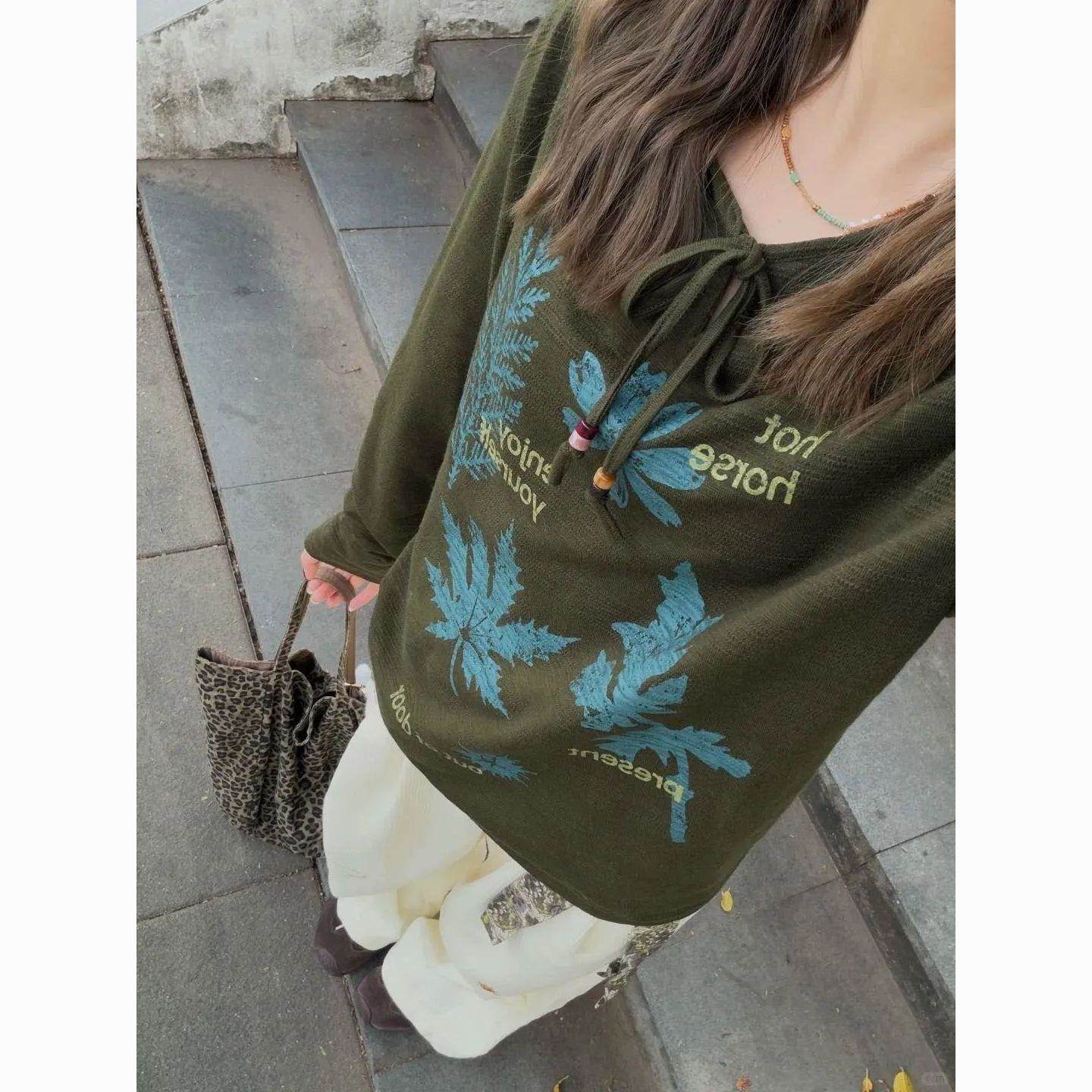 美式复古长袖t恤女装秋季印花系带微透防晒罩衫宽松休闲上衣chic