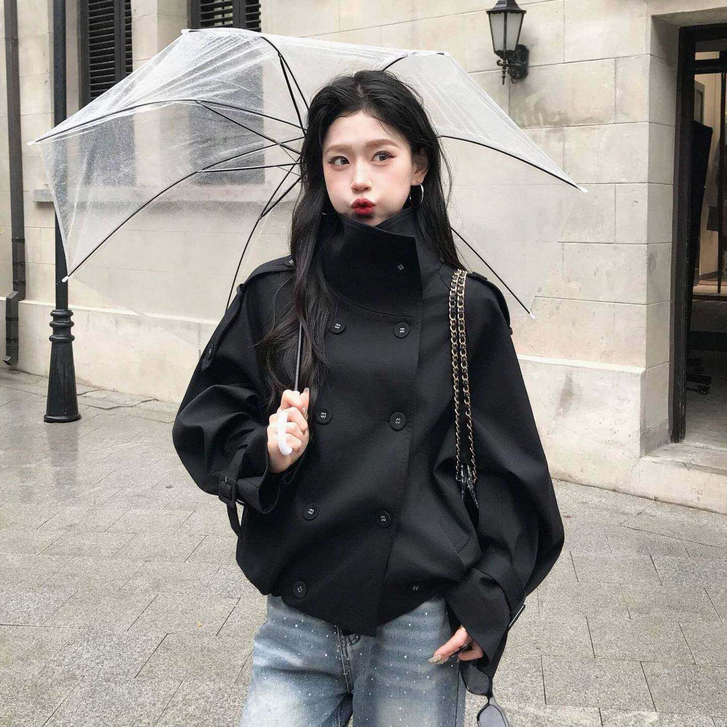 设计感黑色风衣外套女2026春秋季新款小个子宽松立领短款外套韩版