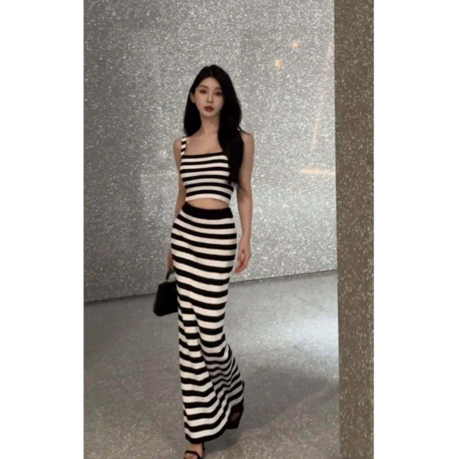 纯欲辣妹风条纹套装女短款吊带背心包臀半身裙两件套性感气质女装