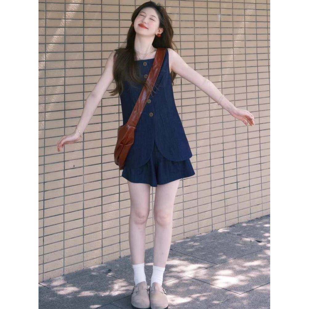 运动套装女夏季学生韩版宽松显瘦时尚网红韩系牛仔百搭休闲两件套