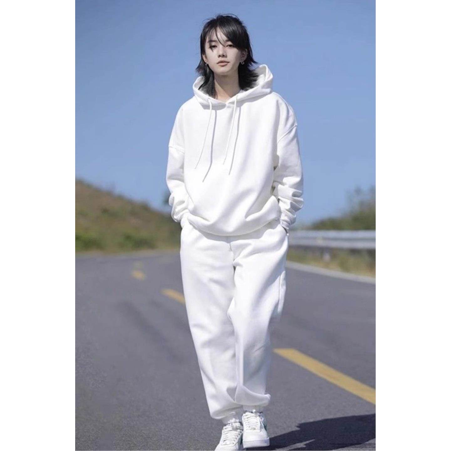 高级感网红春秋冬加绒加厚卫衣套装女休闲炸街白色运动服两件