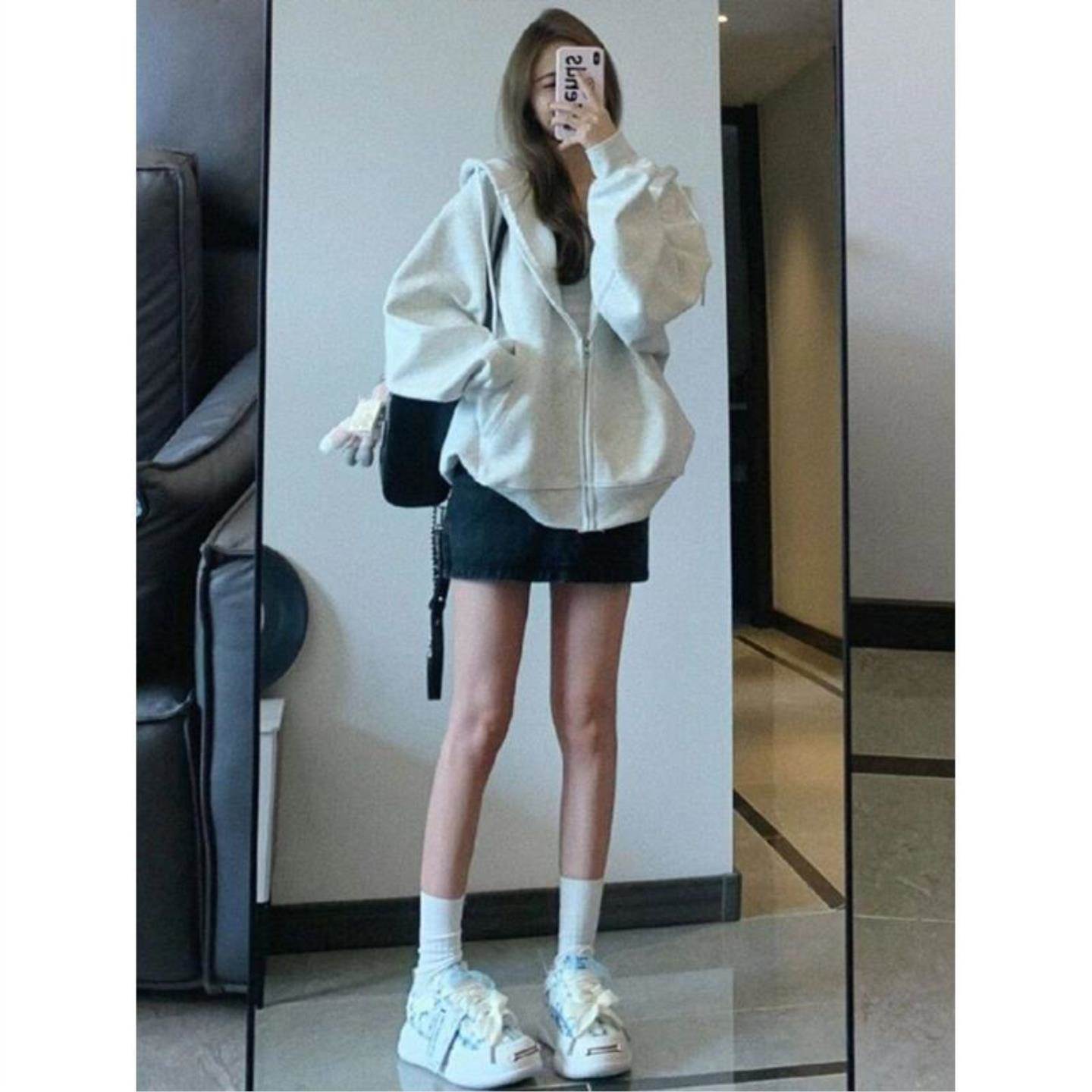 美式白灰色卫衣女秋季薄款oversize复古连帽外套宽松慵懒开衫上衣