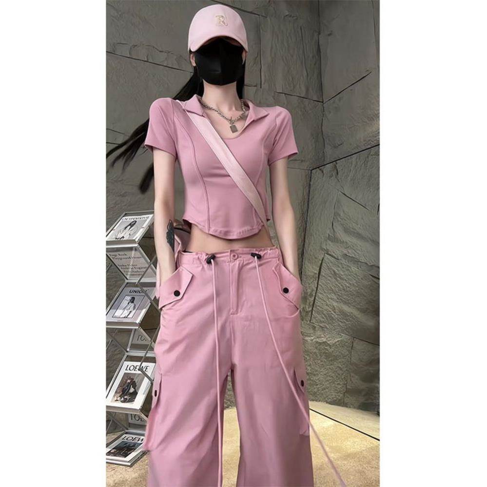 美式休闲套装夏季高腰阔腿时尚潮流翻领短袖嘻哈运动裤两件套女装