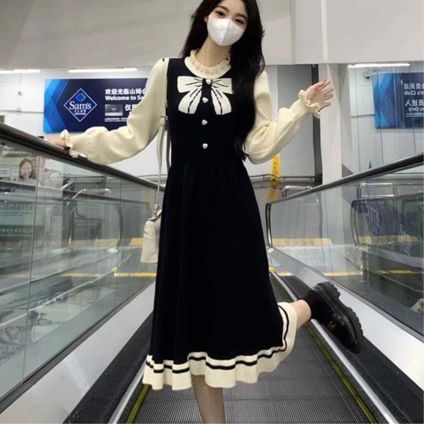 假两件蝴蝶结连衣裙女秋冬季撞色气质长袖收腰显瘦中长款毛衣裙子