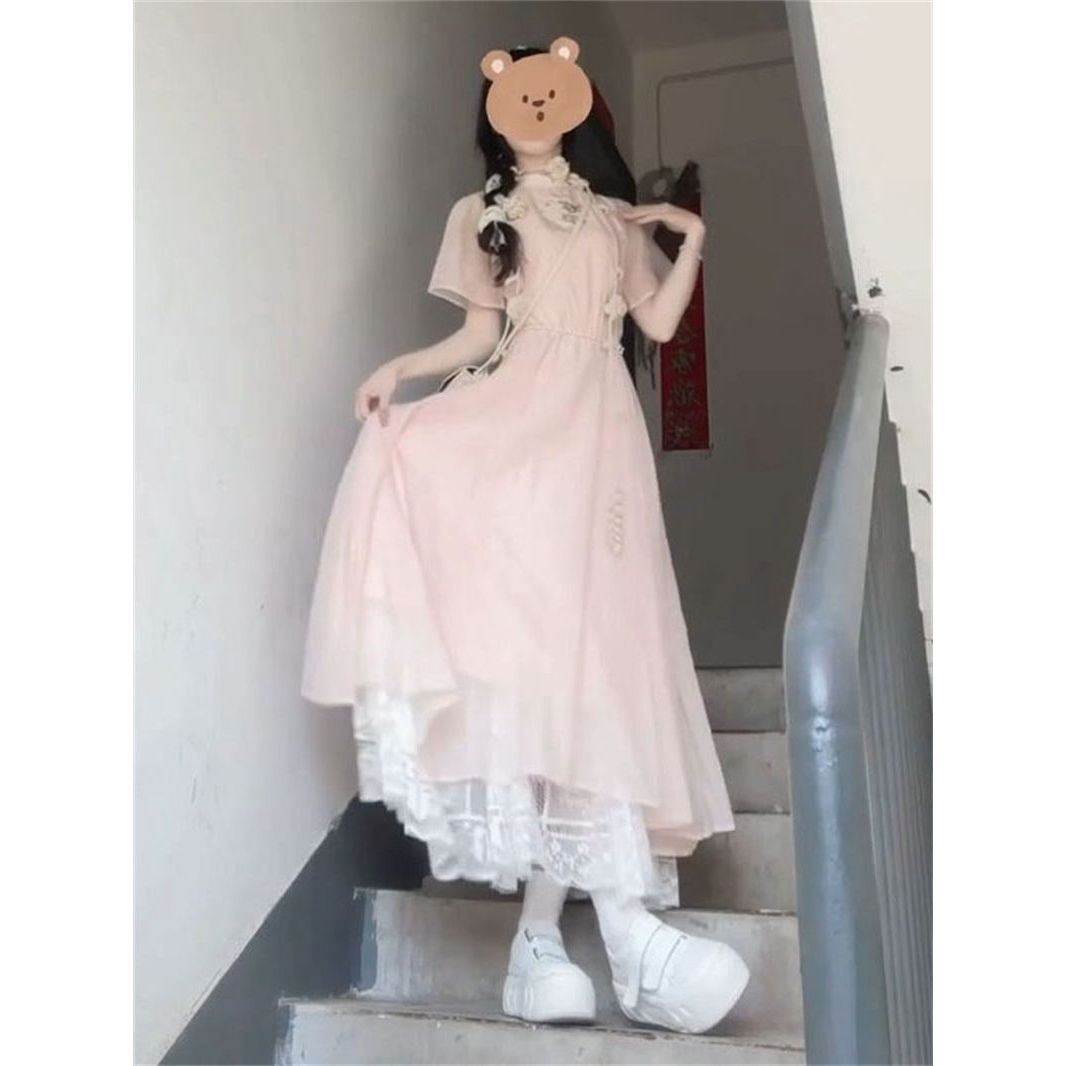新中式国风高级感粉色连衣裙女学生夏季收腰显瘦改良旗袍气质长裙