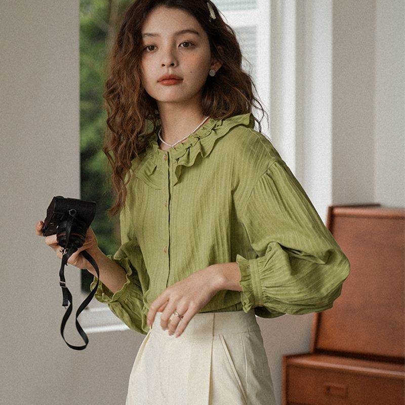 纯色衬衫女新款气质上衣女减龄小衫法式打底衫娃娃领长袖衬衣女