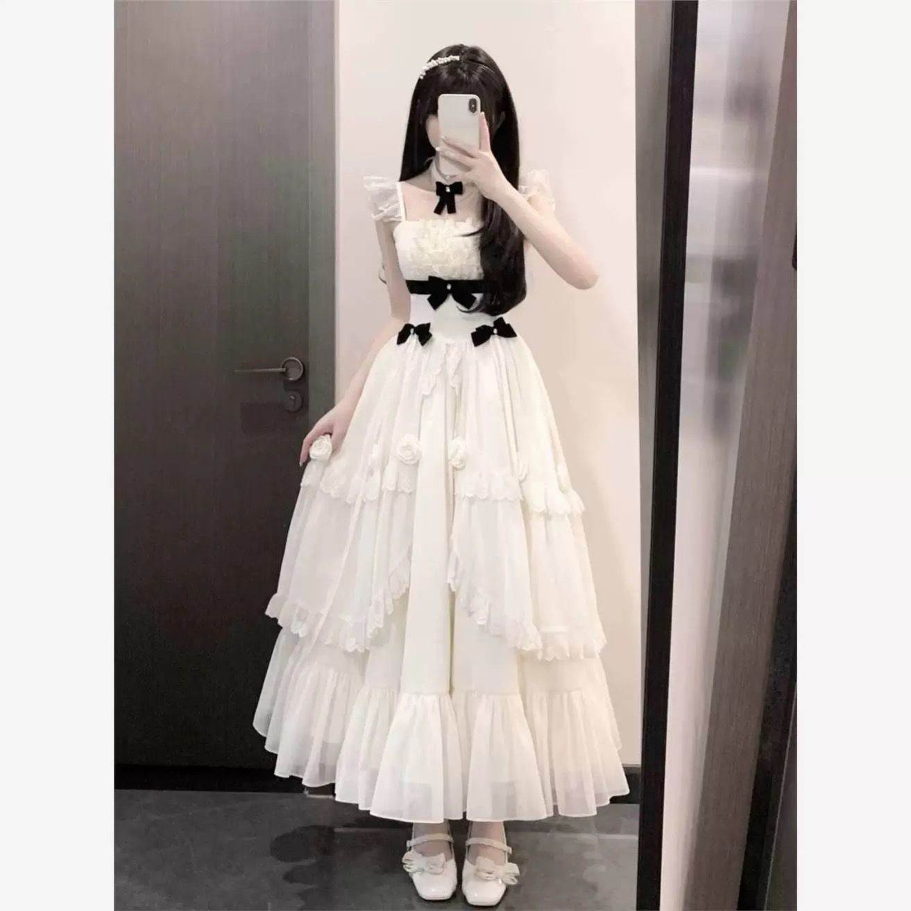 春季新款韩系甜美小清新氛围感收腰显瘦小飞袖厚款连衣裙长裙女