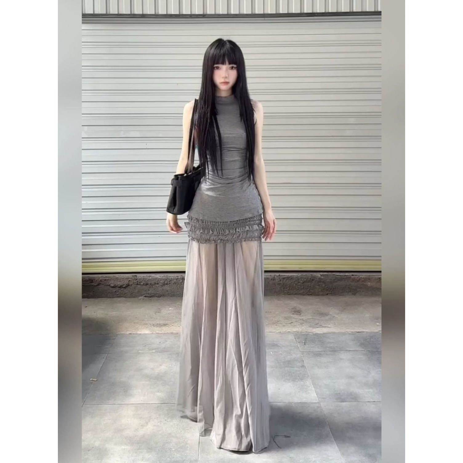 韩系套装半身裙夏季好看辣妹灰色无袖上衣网纱鱼尾长裙半身一整套