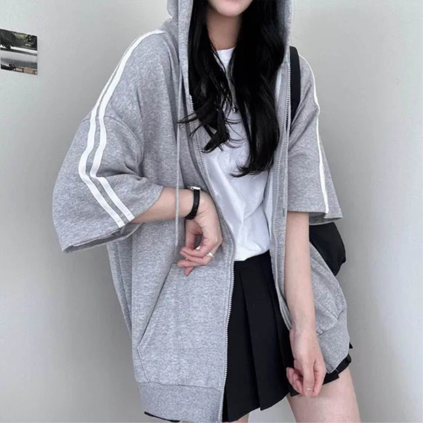 连帽拉链短袖T恤女装2026夏季韩版灰色宽松卫衣开衫休闲跨境上衣