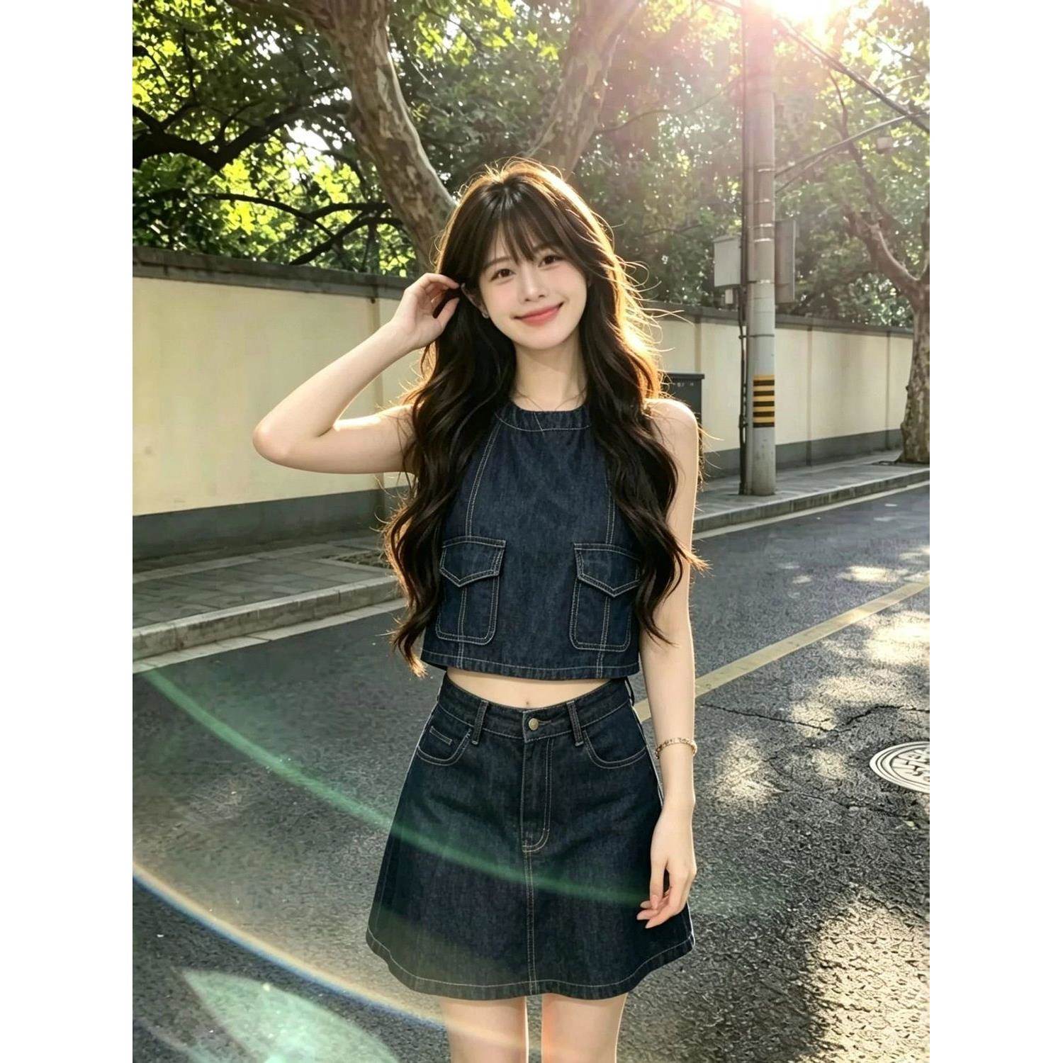 甜酷少女牛仔套装女夏季复古设计感气质背心上衣A字半身裙两件套