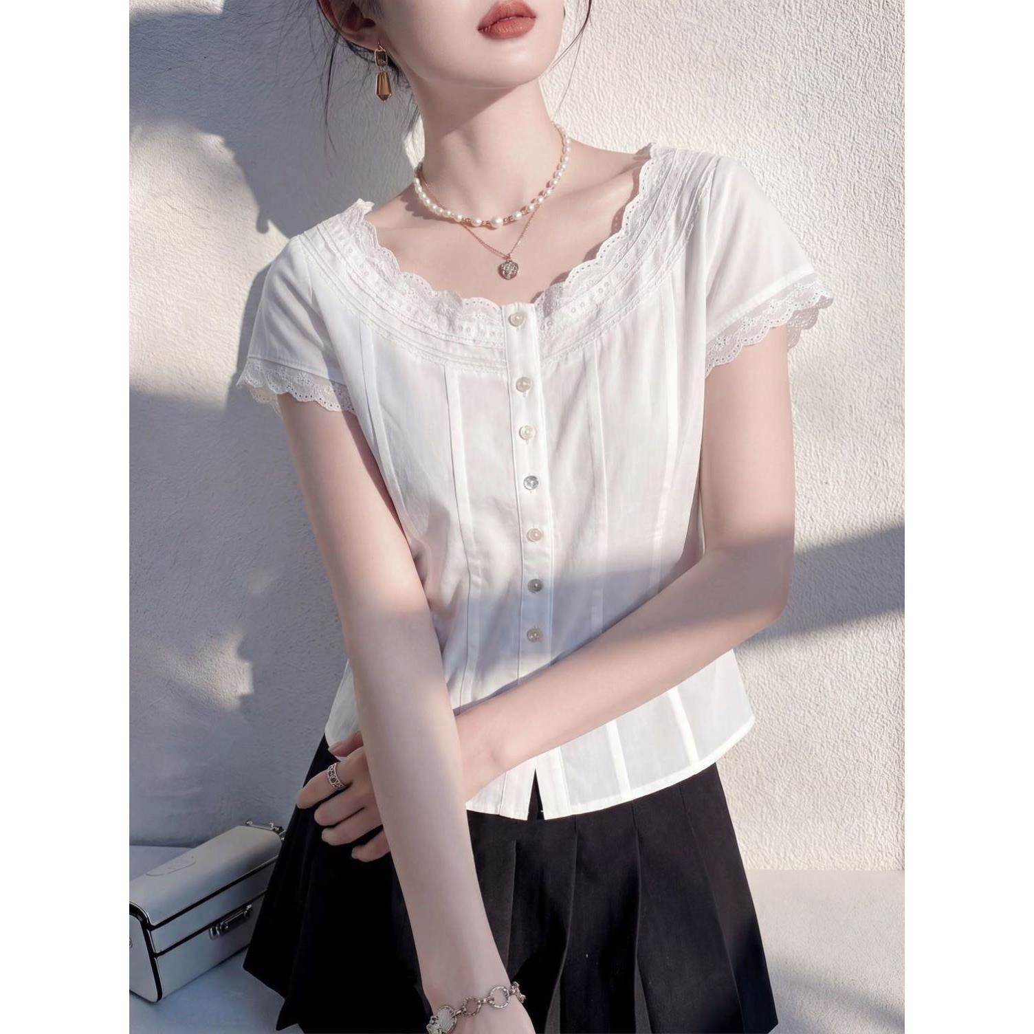 法式复古白色刺绣花边连袖衬衫女甜美气质修身显瘦百搭别致上衣