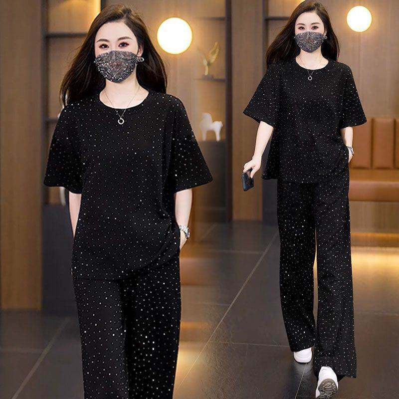 网红休闲运动风套装女2026夏季新款宽松高级烫钻短袖阔腿裤两件套