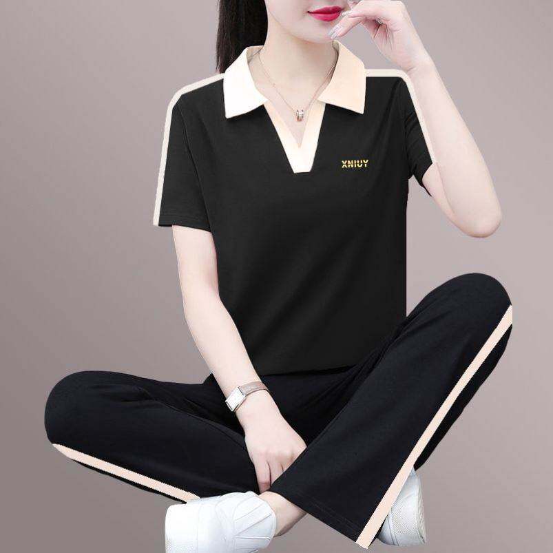 运动套装女夏季新款跑步薄款女士休闲翻领短袖恤洋气两件套春秋