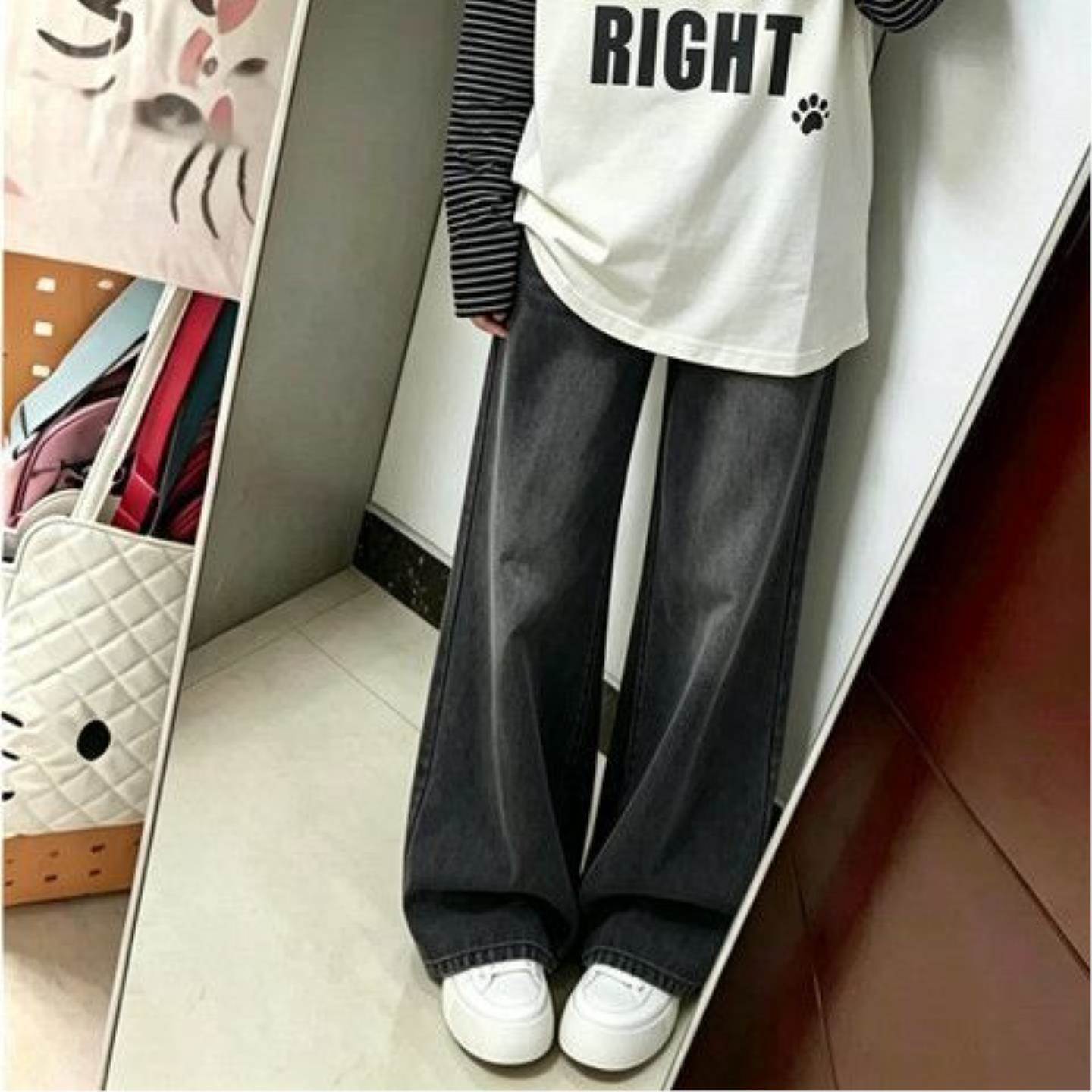春秋新款拼色印花字母长袖棉T恤女黑灰色直筒阔腿牛仔裤套装女