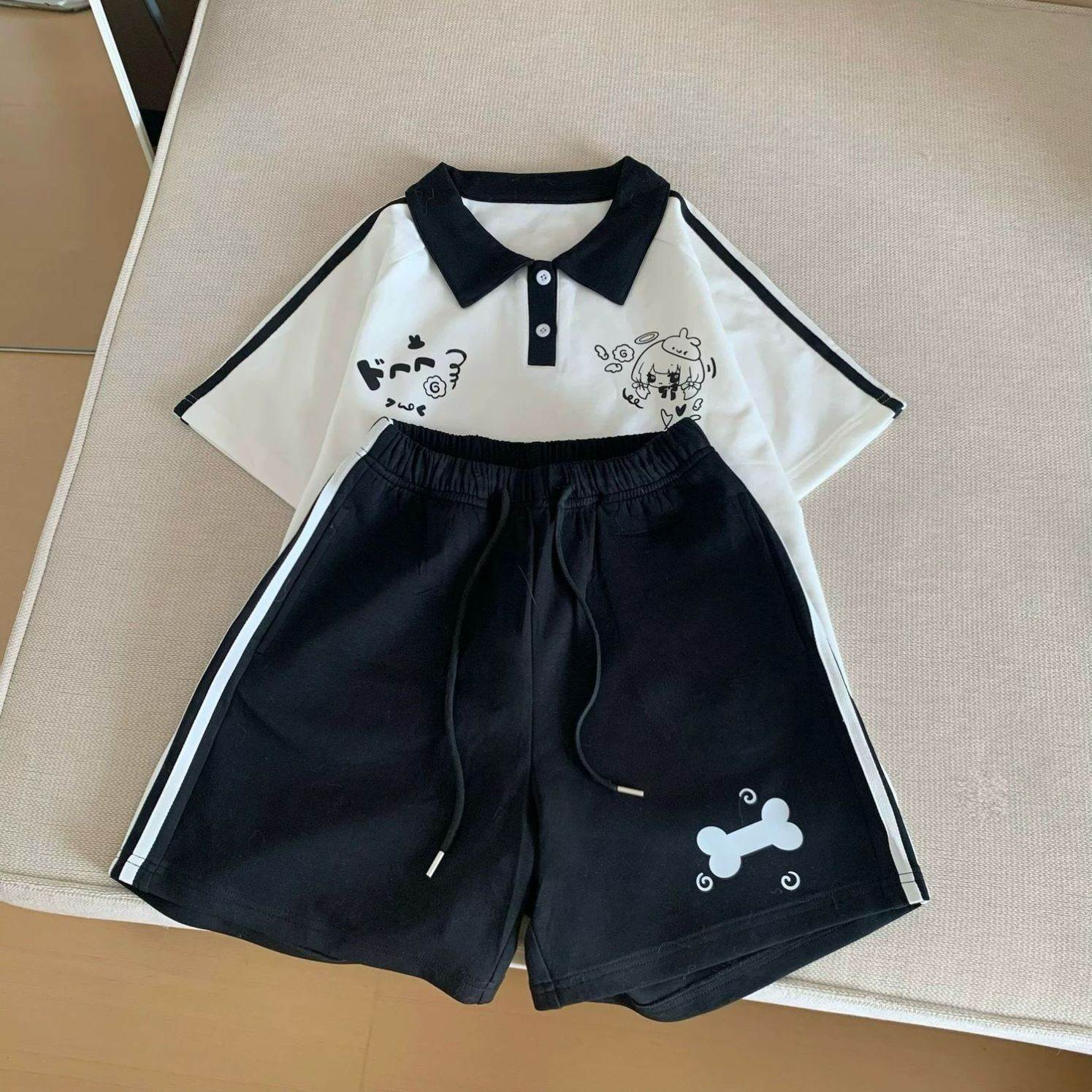 黑白拼色亚文化可爱polo短袖上衣两件套女夏短裤休闲套装运动套装