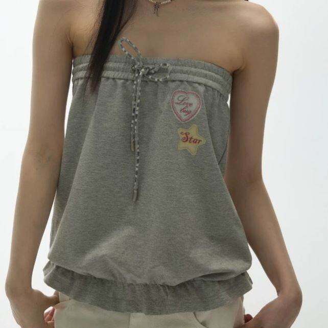 小众设计印花抽绳松紧绑带抹胸露肩上衣女修身显瘦短款上衣女
