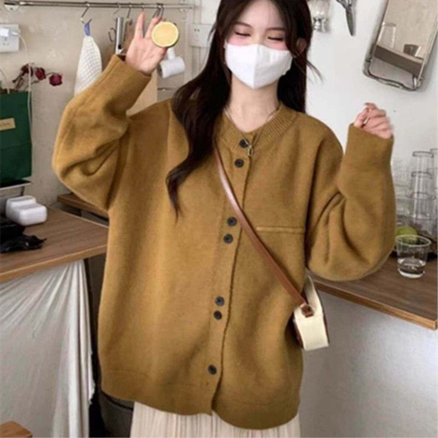 灰色宽松慵懒风日系针织开衫女春秋小香风毛衣外套设计感上衣