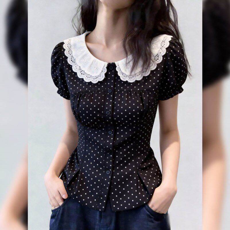 新款高级时尚淑女风娃娃领波点短袖衬衫女装大码宽松减龄通勤上衣