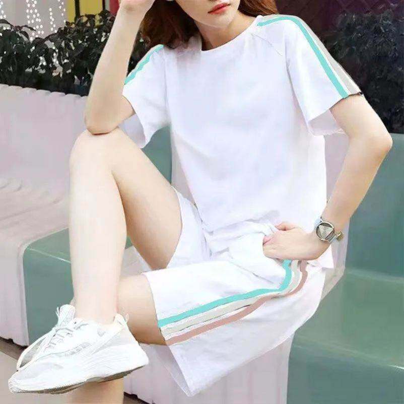2026新款韩版白色大码宽松短袖短裤跑步两件套休闲运动服套装女夏
