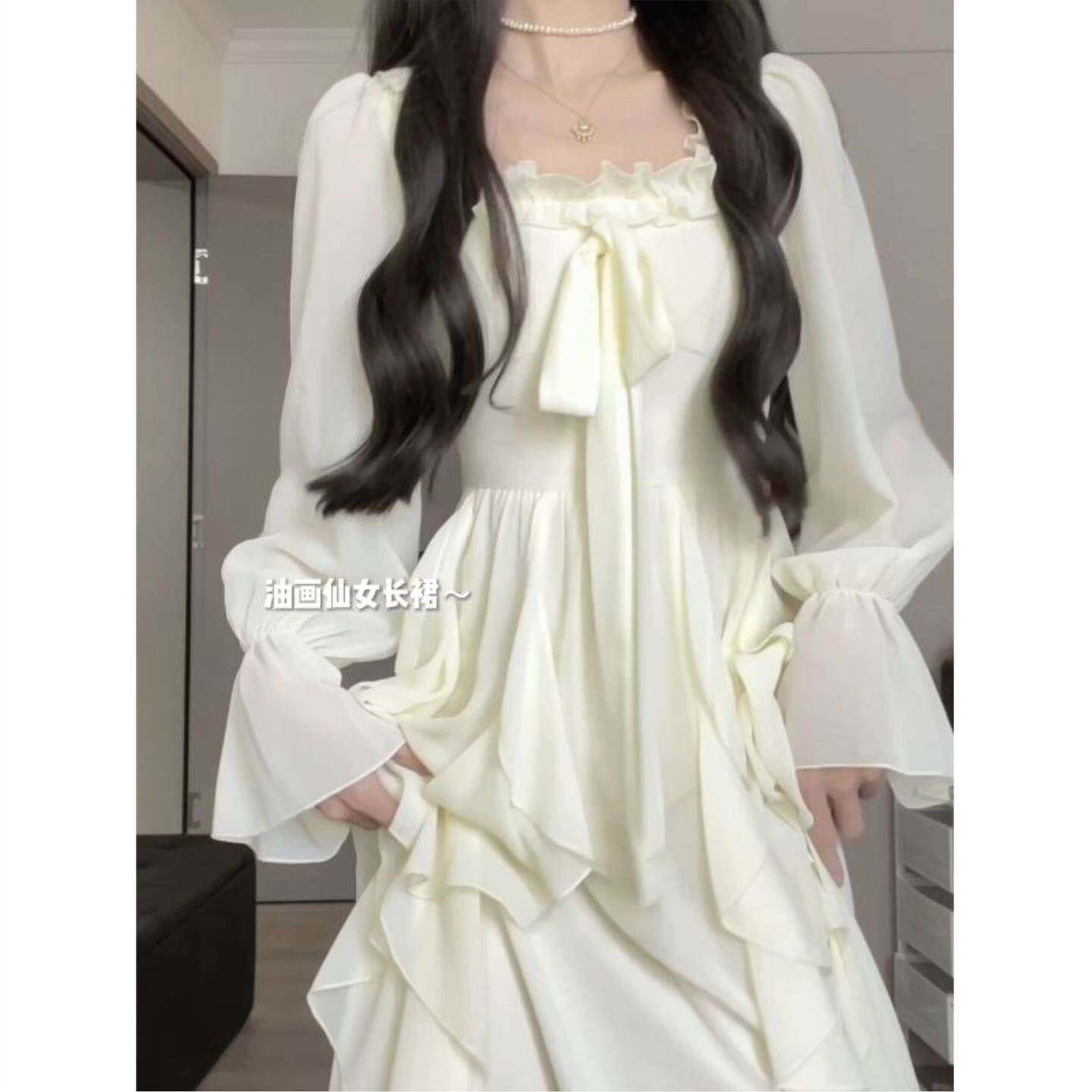大码胖mm法式初恋桔梗仙女裙ins超仙荷叶边修身显瘦长袖连衣裙女